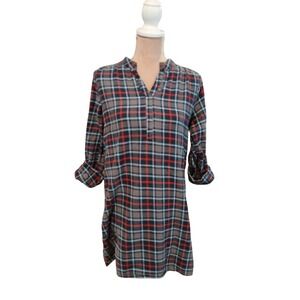 Bellamie Womens Plaid Tunic Top Grey Roll Tab Sleeve Flannel Medium Outdoor Gorp